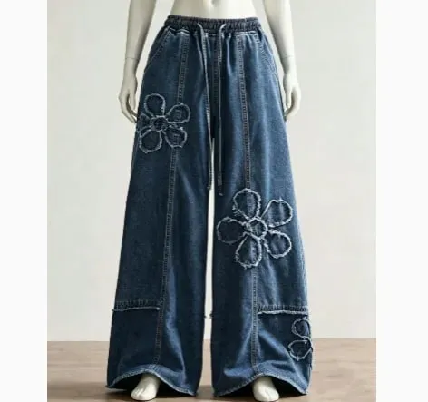 Jeans in denim lavato pesante patchwork retrò americano con bordo sfrangiato Pantaloni larghi dritti a gamba larga unisex da strada 21095