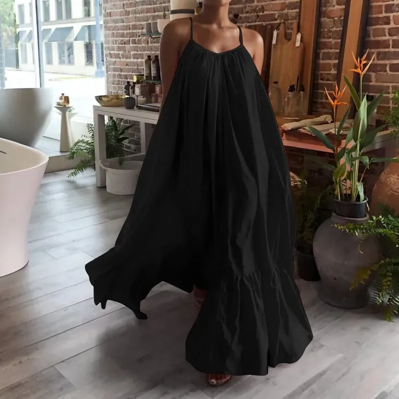 Spring Dress For Women Sexy Solid Strap Dress Pocket Loose Backless Big Swing Dresses Holiday Dresses For Women Wedding Guest — image 11