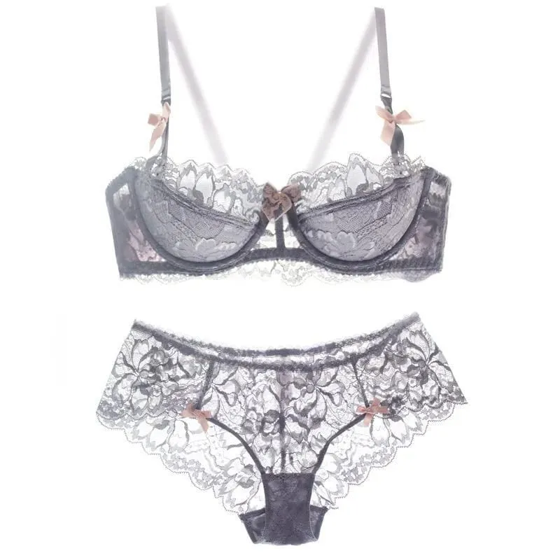 Franse Kant Half Cup Bh Set Strik Schouderriem Dunne Grote Buste Minimizer Pure Desire Lingerie Voor Tienermeisjes Dagelijkse Outfit — image 8