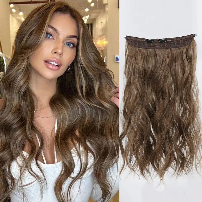 Invisible Wire Hair Extensions with Transparent Adjustable Size 2 Clips Long Wavy One Piece Hairpiece Golden Brown for Women
