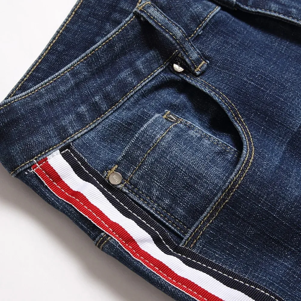 Jean en Denim à rayures latérales pour hommes, pantalon en Denim lavé extensible bleu, pantalon droit Slim — image 3