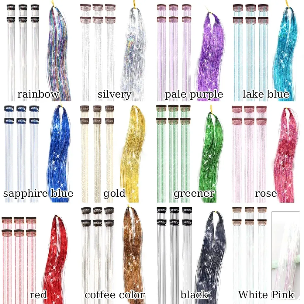 Hair Tinsel Pack Of 6Pcs Clip In Hair Tinsel 20Inch Colorful Glitter Tinsel Hair Extensions Festival Gift Tinsel Fairy Hairpiece — image 6