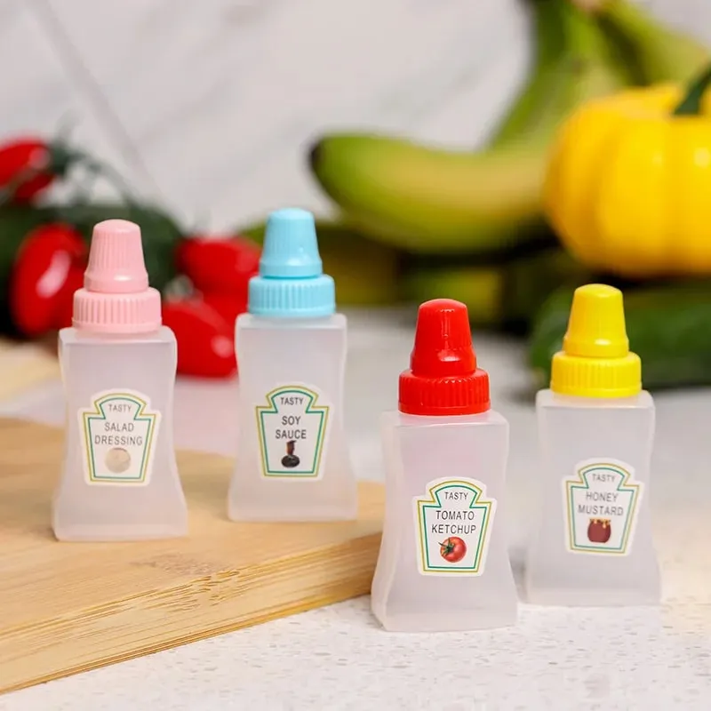 4pcs/set 25ML Mini Tomato Ketchup Bottle Honey Mustard Portable Small Sauce Container Salad Dressing Container Pantry Containers