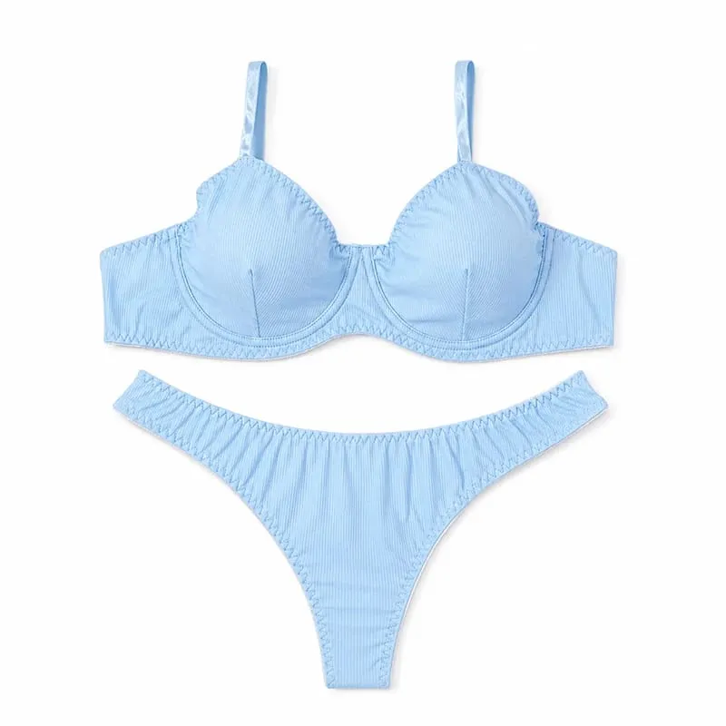 Set di biancheria intima da donna a costine tinta unita con ferretto e coppa sottile abbinato a perizoma a vita bassa morbido intimo quotidiano — image 9