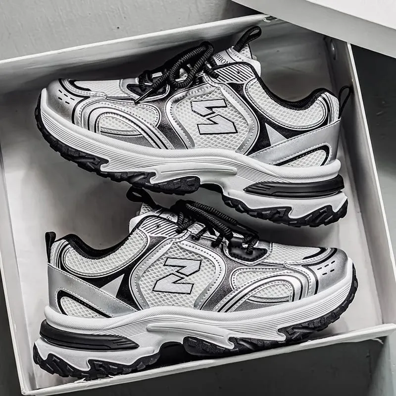 Sneakers Ayah Chunky Retro Lelaki | Kasut Larian Platform Perak Metalik — image 6