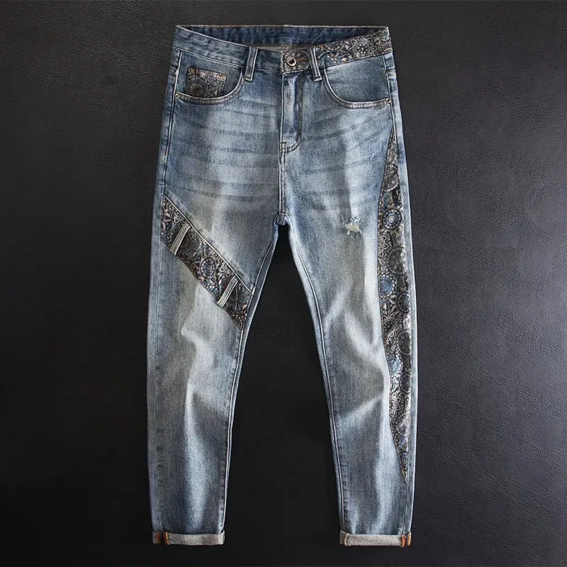 Vintage-Patchwork-Jeans für Herren mit Rissen, modischer Aufdruck, einzigartige, trendige High-End-Röhrenhose mit schmaler Passform