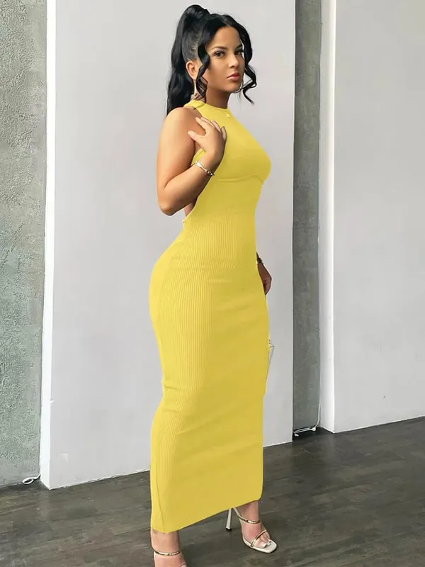 Hugcitar Ribbed Solid Hollow Out Tanpa Belakang Tanpa Lengan Seksi Celah Pakaian Mini Bodycon 2025 Musim Bunga Pakaian Wanita Pesta Elegan Y2K — image 15