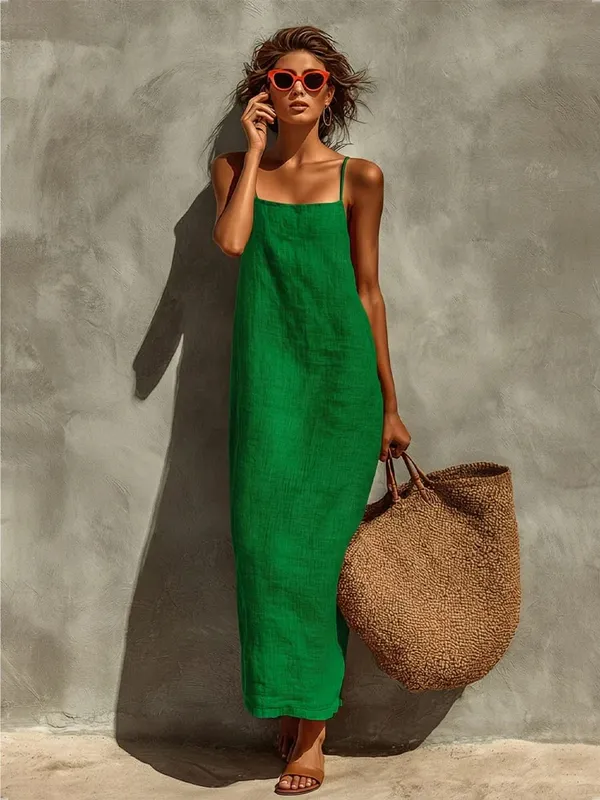 ฤดูร้อนผู้หญิงสีทึบสบายๆลื่น Sundress ทราย Beachwear แขนกุดหลวม Maxi ยาวชุดวันหยุด — image 13