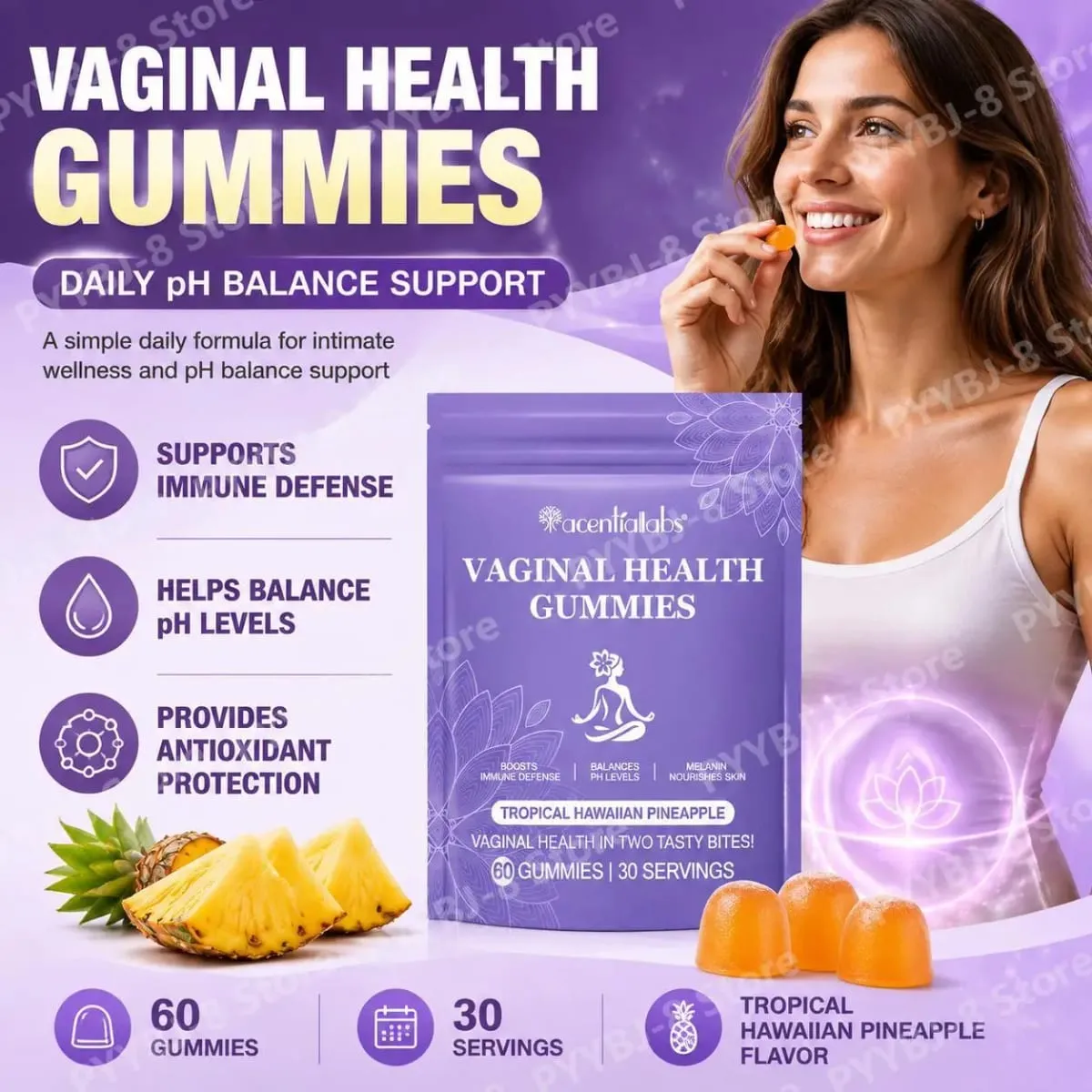 Acentiallabs กัมมี่สุขภาพช่องคลอดพร้อม Bacillus Coagulans และวิตามินซีรองรับการป้องกันภูมิคุ้มกันและความสมดุลของค่า pH 60 กัมมี่ — image 2