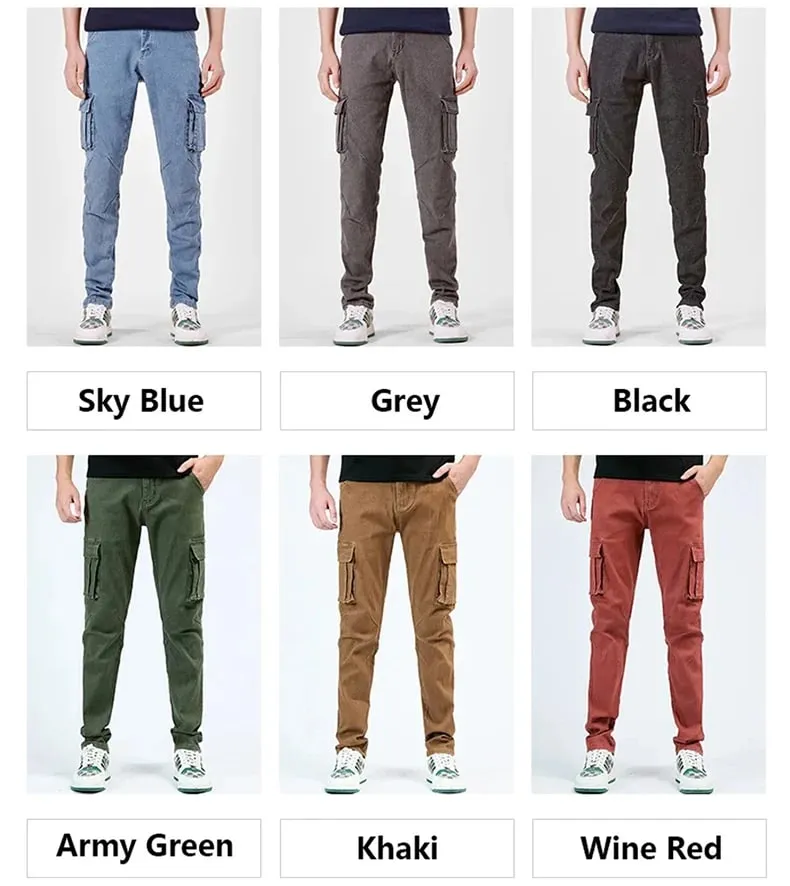 Pantalones Cargo de Mezclilla con Cintura elástica Estilo Callejero para Hombre, Vaqueros Informales de Corte Entallado y Lavado de Color sólido con múltiples Bolsillos para Uso Diario