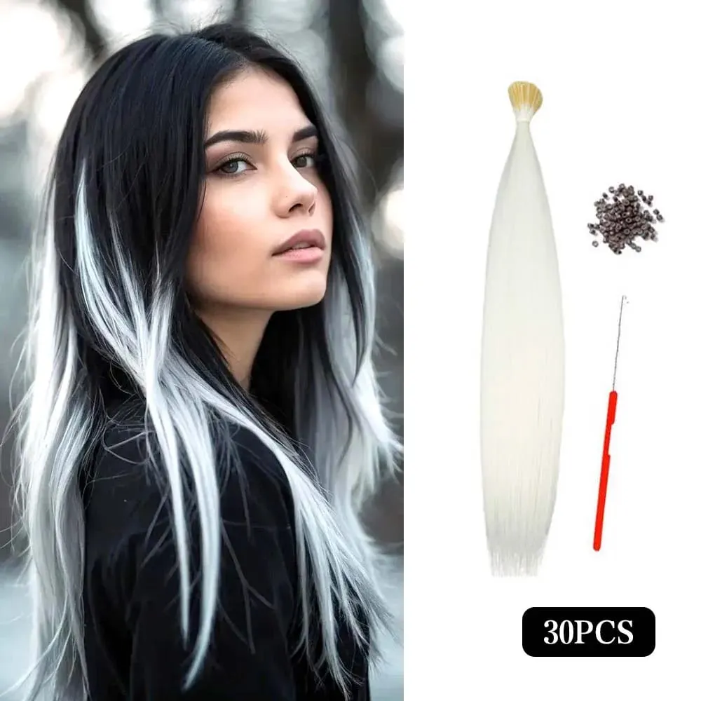 30pcs Sambungan Rambut Berwarna 16-Inci I-Tip Sambungan Sintetik. Kit gaya panjang untuk wanita ini termasuk manik dan alat mengait — image 1