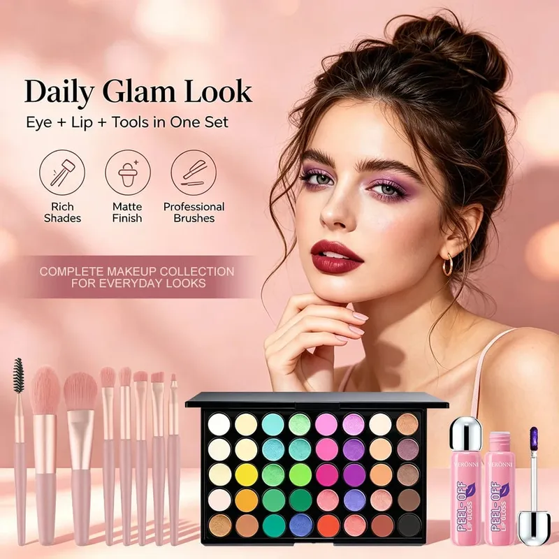 Kit per il trucco da 5 pezzi Palette di ombretti da 40 colori + 3 lucidalabbra staccabili con 8 pennelli Ombretto opaco brillante Ombretto per trucco completo Regalo — image 5