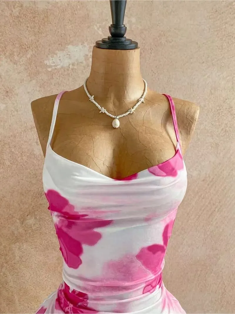 Abito da donna con cinturino sottile e collo ad anello rosa con stampa floreale laterale con volant increspato sul mini abito aderente 2026 Summer Tropical Beach Y2K per uscire — image 5