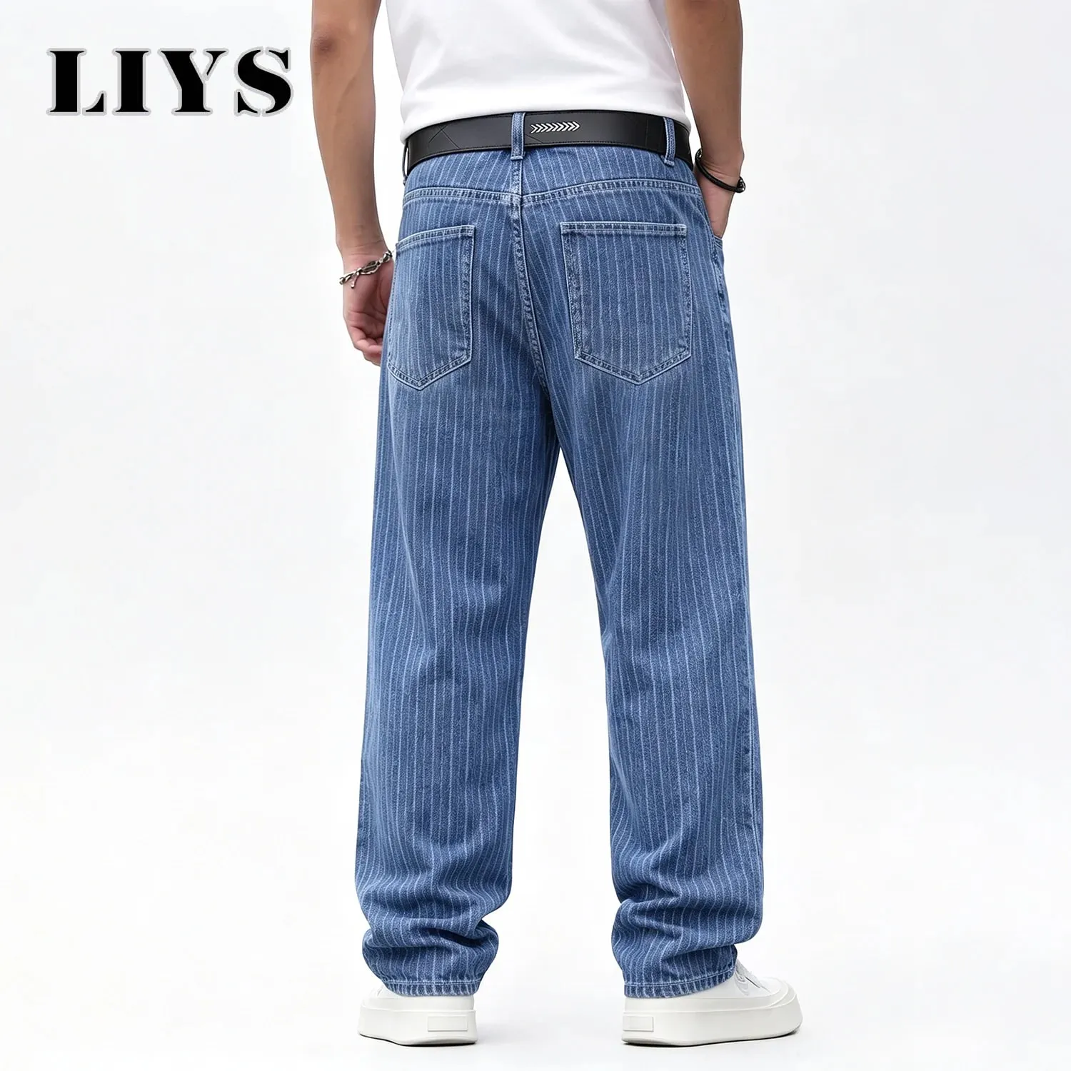 ผู้ชายแนวตั้งบางลาย Jacquard Baggy DENIM กางเกงคลาสสิกสีฟ้าหลวมขากว้างขาตรง VINTAGE ล้างกางเกงยีนส์