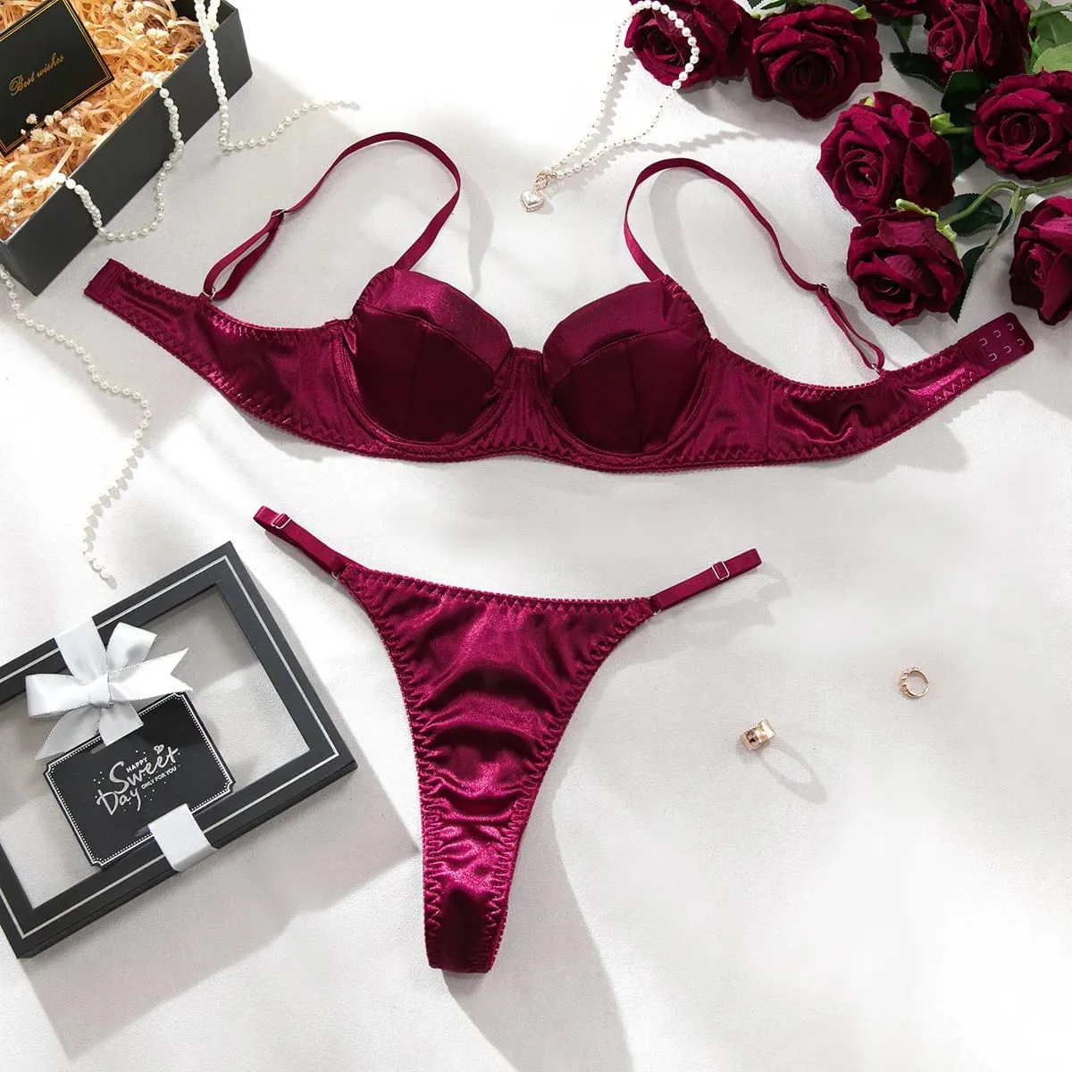 2-teiliges sexy BH-Set für Damen, Unterwäsche, Bügel, Push-Up, Satin, Patchwork-BHs und Tangas, Anzüge, attraktives Bilizna-Intim-Set — image 9