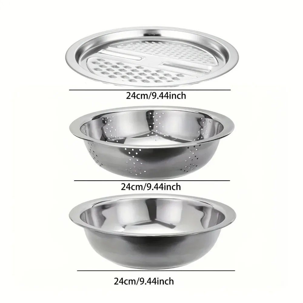 Juego de ralladores de cocina multifuncionales de acero inoxidable, cuenco de drenaje con mandolina para lavado de verduras, rebanador para patatas, 3 uds.