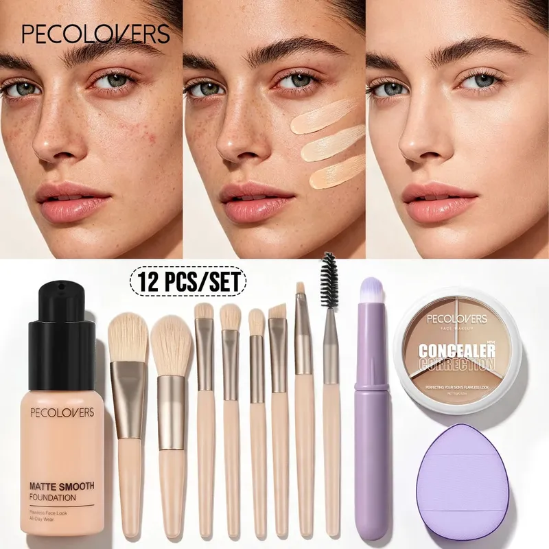 12 ΤΕΜ Σετ Προσώπου Liquid Foundation+concealer+Πολλαπλά Εργαλεία Μακιγιάζ Ομοιόμορφο Μακιγιάζ Αδιάβροχα και ανθεκτικά καλλυντικά προσώπου — image 2