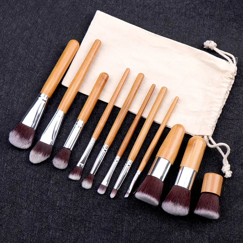11 stk/sæt makeupbørster med naturligt bambushåndtag Professionel foundation-blandingsbørste Kosmetisk makeup-værktøj med bomuldspose — image 6