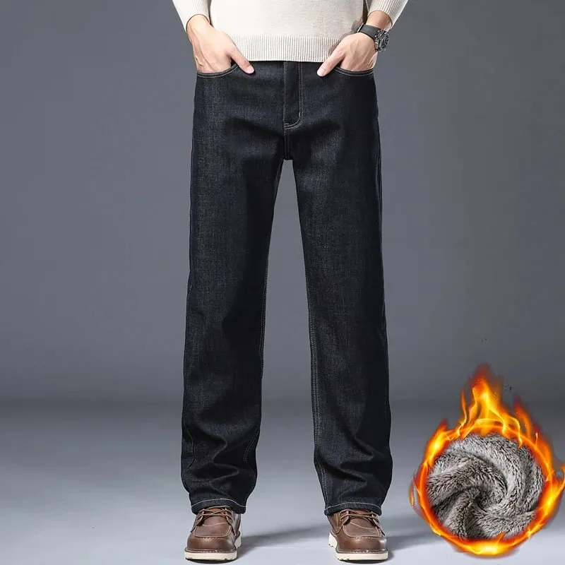 Jeans addensati foderati in pile da uomo Pantaloni in denim slim fit elasticizzati caldi invernali Pantaloni morbidi e comodi per l'abbigliamento da lavoro quotidiano