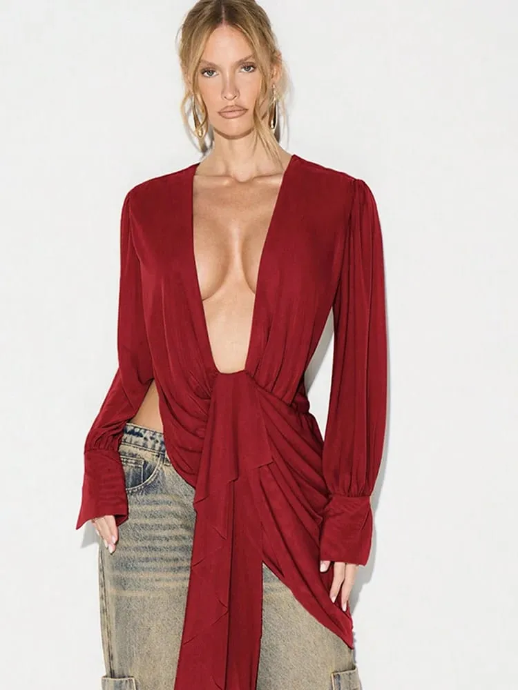 Beyprern Chic Y2K Estetico Scollo profondo Maglia Top Femminile Drappeggiato Asimmetrico Manica lunga Cover Up Camicetta Night Out Clubwear — image 2