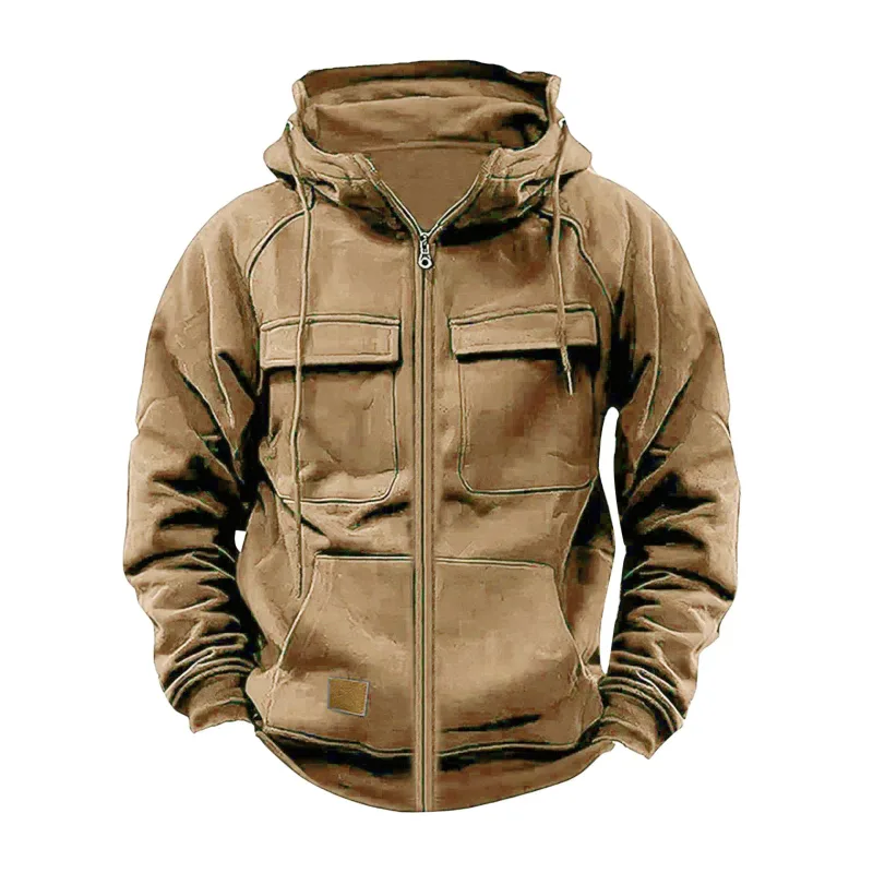 Nouveau automne hiver hommes à capuche solide vestes à capuche Multi poches mâle sweats à fermeture éclair sport en plein air manteau à capuche décontracté — image 5