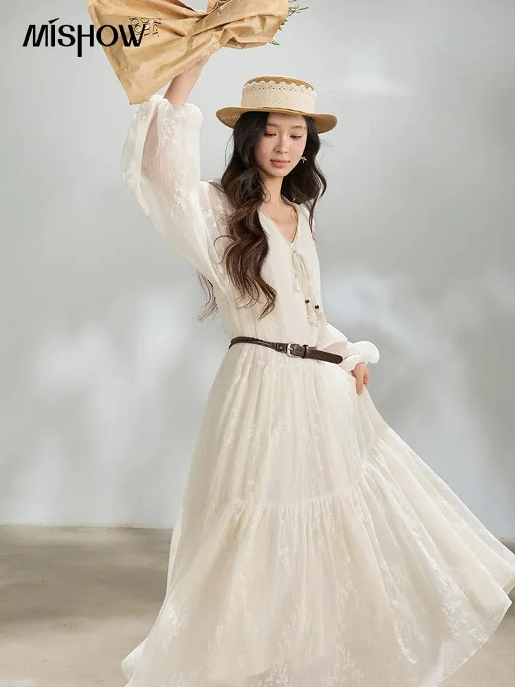 Robe Maxi brodée à manches longues avec ceinture, en mousseline de soie unie, à volants, col en V, cravate, couleur unie, printemps 2026, MXF14L2562 — image 3