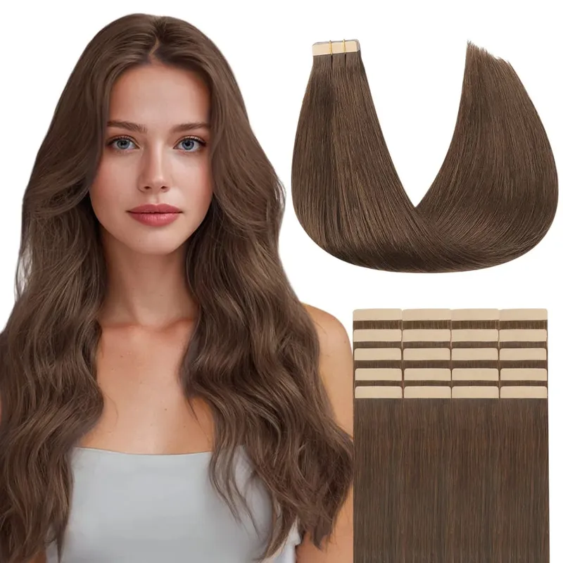 Sunmofavo Tape I Remy Human Hair Extensions Tyk Silkeagtig Lige Naturlig Brun Usynlig Tape 20 Stk Salon Grade Til Kvinder — image 10