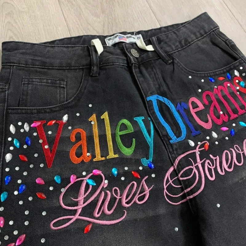 2026 ล่าสุดสไตล์ VALLEY Shiny Diamond โลโก้ Denim กางเกงขาสั้น Vintage ล้างผู้ชายผู้หญิงคุณภาพสูงแฟชั่นกางเกงยีนส์ Skinny — image 4