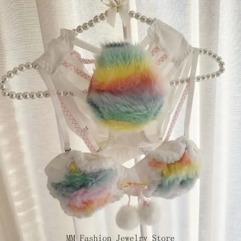 Womens Plush Rainbow Star 2 Piece Bra and Panty Set without Underwire Furry Lingerie Underwear for Cosplay or D0UB — image 4