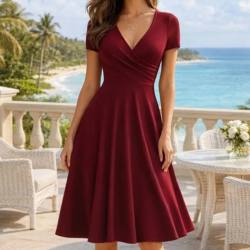 Damen-Kleid, elegant, Rundhalsausschnitt, Sommer, kurzärmelig, einfarbig, A-Linie, knielang, Kleid mit hoher Taille, für Party, Hochzeit, lässiger Abgang — image 11