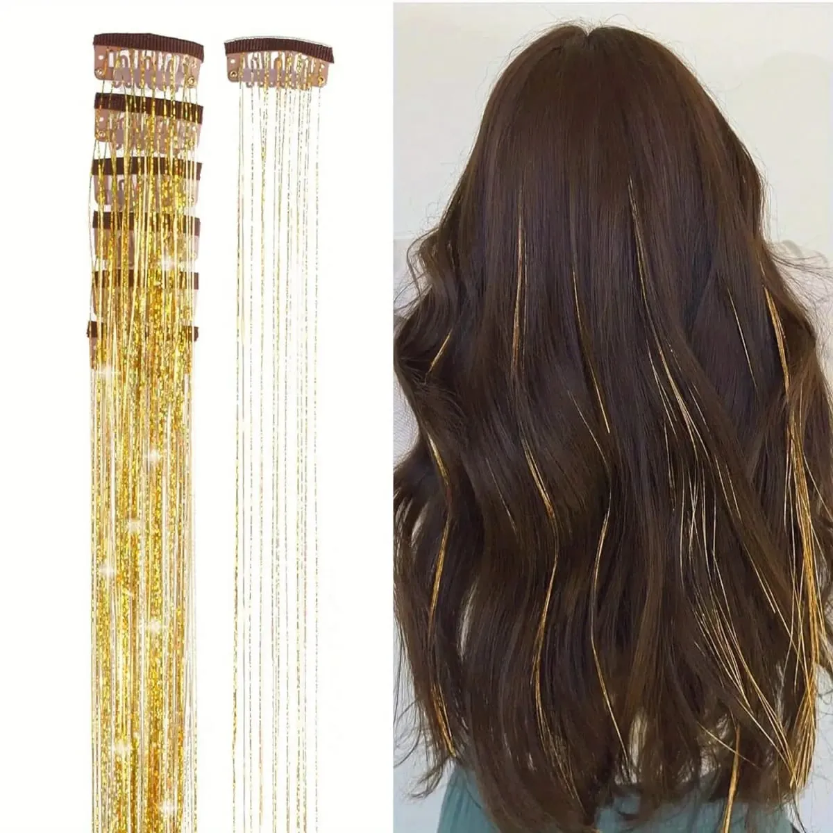 Farbe helle Seide Clip nahtlose Haarverlängerungen glitzernde Goldseide schillernde Laserdraht-Farbstreifen synthetische Perücken — image 6