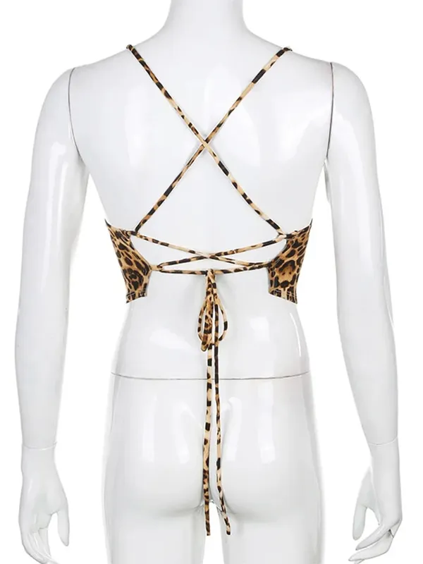 Leopardenmuster Damen Tank Tops Rückenfrei Sexy Rave Outfits Ärmellos Kreuz Schnürung Bralette Crop Top Sommer Streetwear — image 7