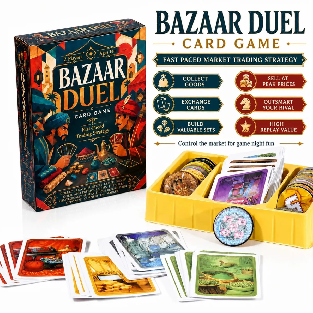 Bazaar Duel Card Game Fast Paced Market Trading Strategy Board Game Collect Leather Spices Cloth Silver Gold and Gems Exchange — image 1
