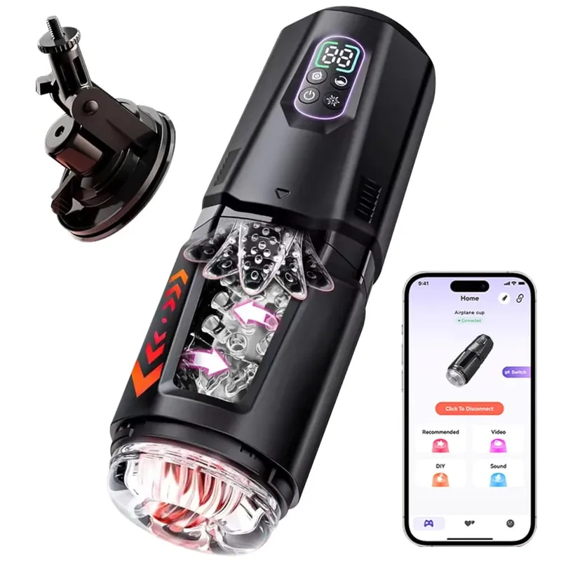 APP Kontrolü Otomatik Sokma Masturbator Fincan 360 ° Dönme Yalama Titreşimli LCD Vakum Penis Pompası Büyütücüler Erkekler için Seks Oyuncakları
