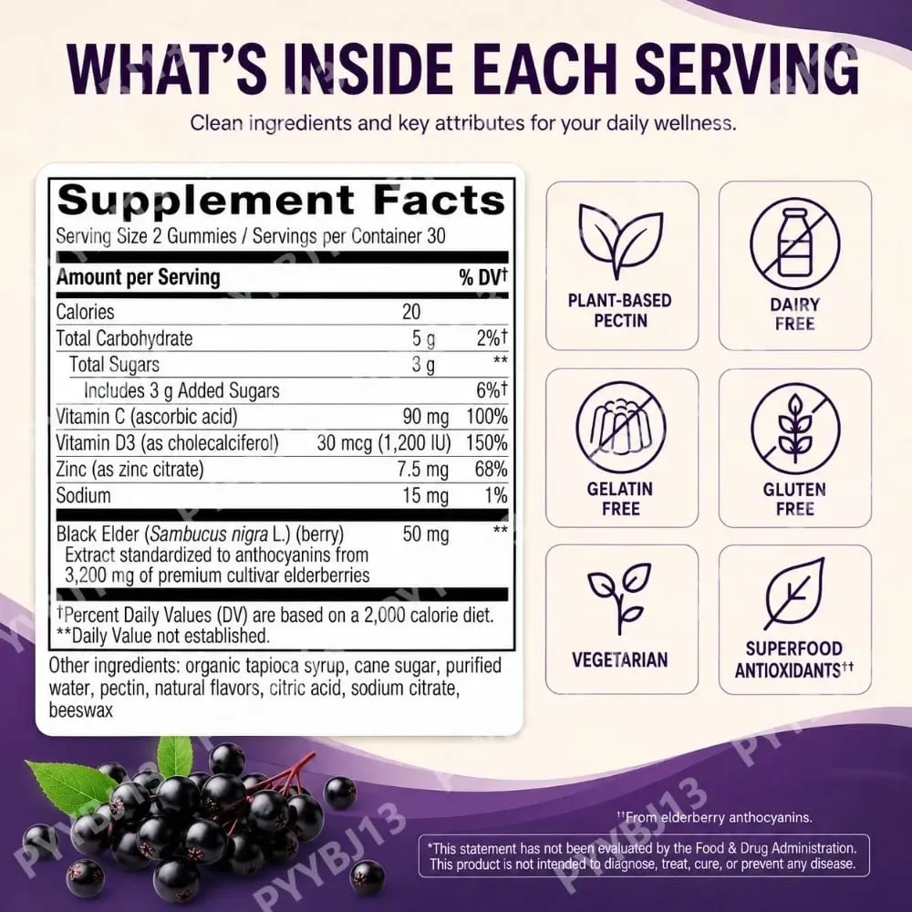 Schwarze Holunderbeer-Gummis, 60 Stück, zur Unterstützung des Immunsystems, Sambucus-Extrakt, Zink, Vitamin C, D3, für Erwachsene und Kinder, 2 Kapseln pro Tag — image 3
