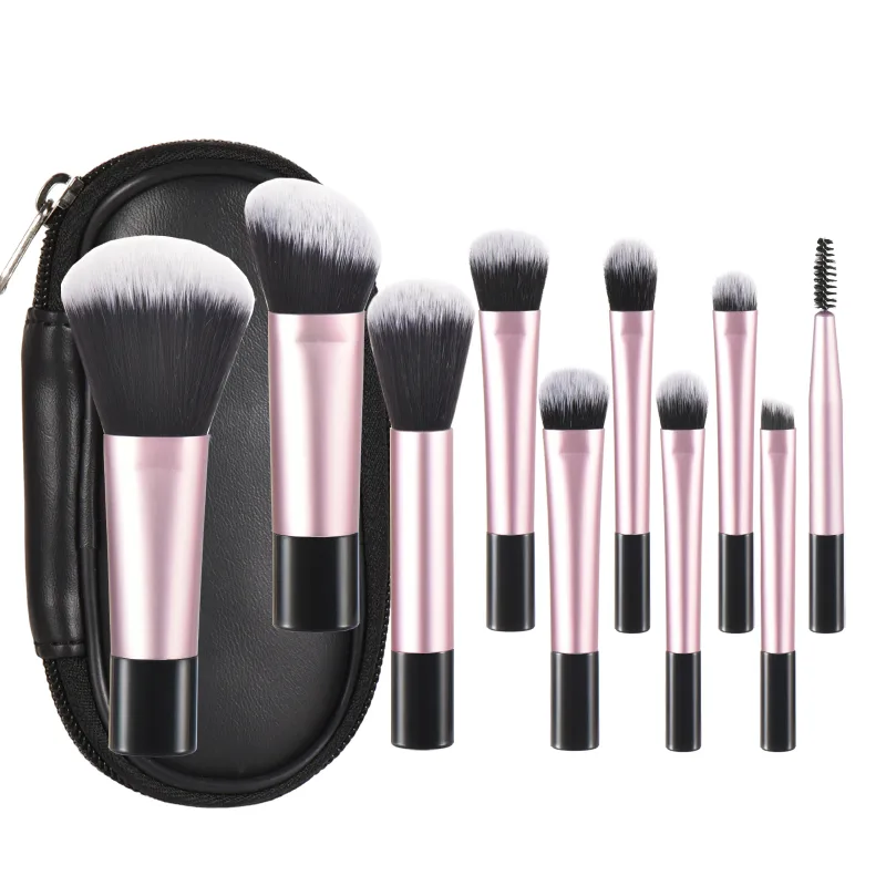 10 Mini pennelli per trucco rosa da viaggio Strumenti per trucco portatili Puff per trucco - Set di strumenti per trucco professionale con pennelli per palmo