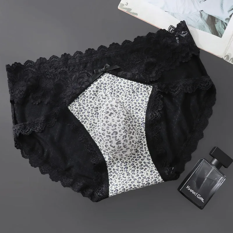 Slip da uomo Forcella alta Bordo in pizzo Biancheria intima stampata leopardata Seta ghiacciata Mutandine ad asciugatura rapida Lingerie Sissy Mutande trasparenti