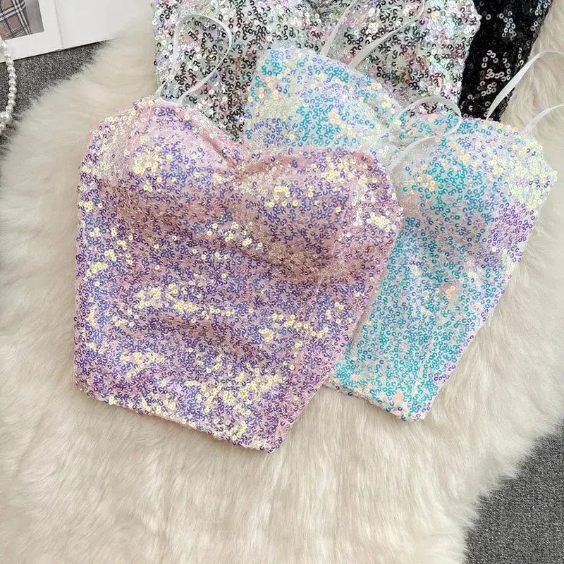 Sexy Sequin Party spaghetti Croset Bustier backless Slim Tanks and Camis Strap Glitter Crop Top Fashion Summer Women Clothes Y2k — image 9