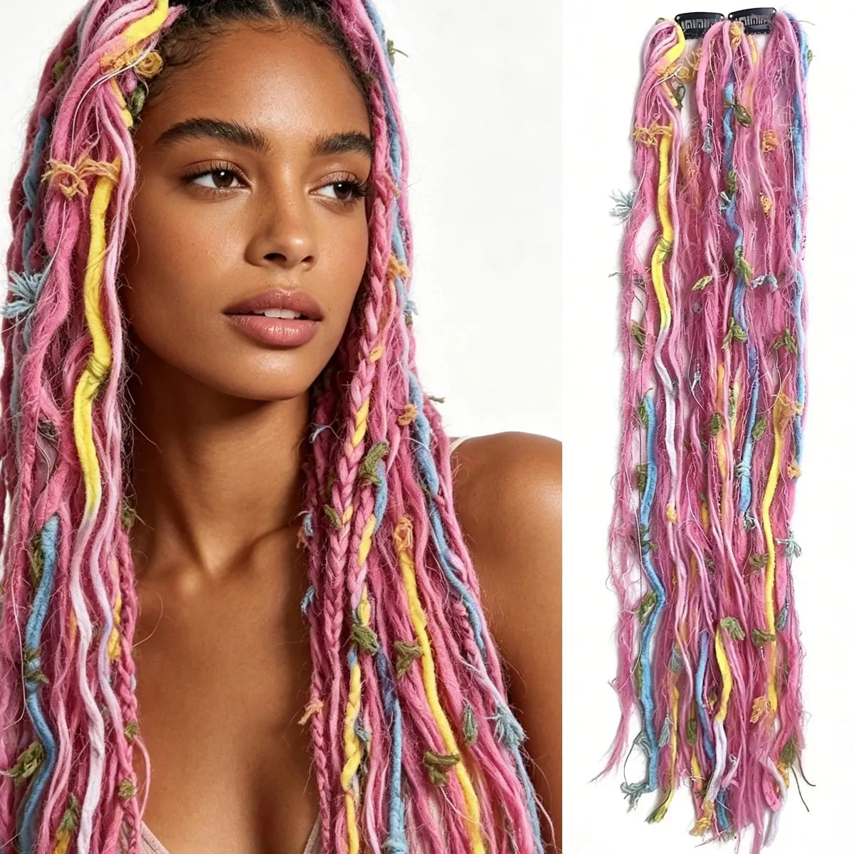 Sintetico 2 pezzi filato di lana Dreadlock clip estensioni dei capelli Maillard lungo Boho nappa colorata trecce vintage capelli per donna — image 9
