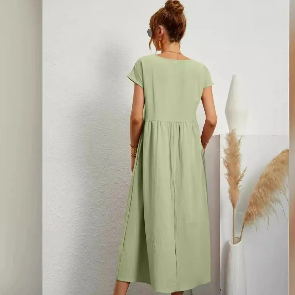 Gaun Linen Kapas Pepejal Premium yang Elegan Midi Musim Panas dengan Poket Longgar Leher Krew Kasual Lengan Pendek untuk Perjalanan Pantai — image 4