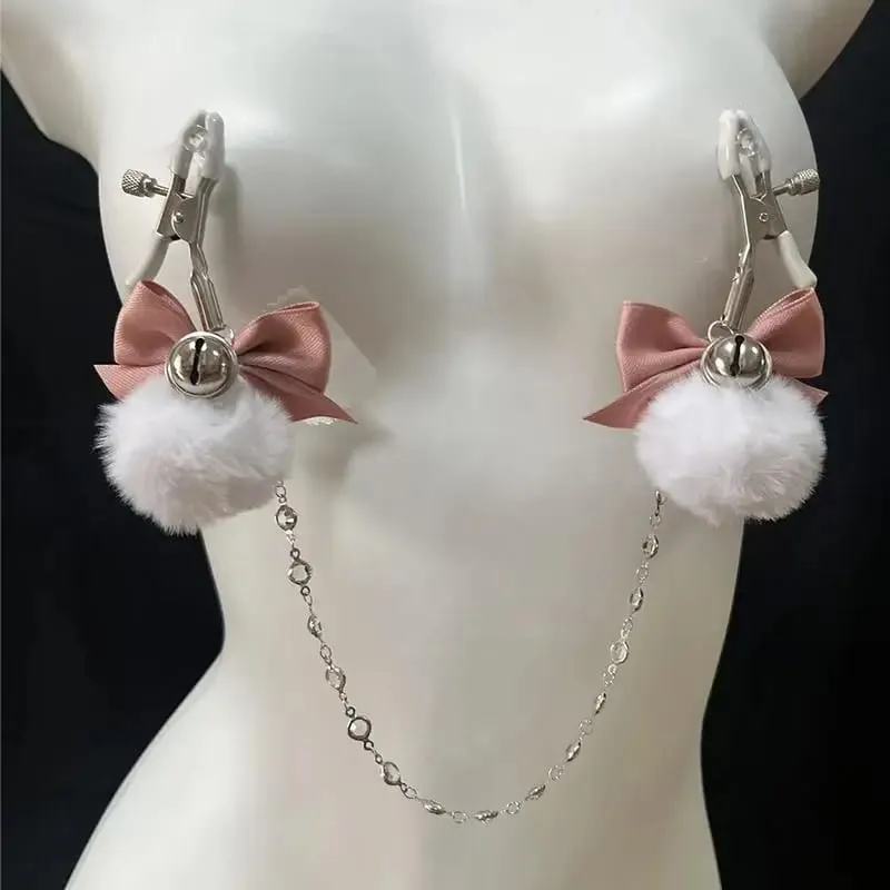 Flauschige Schleife Nippelklammern Glöckchenkragen Körperkette Rosa Brustfesseln BDSM Sexspielzeug für Erwachsene für Frauen — image 6