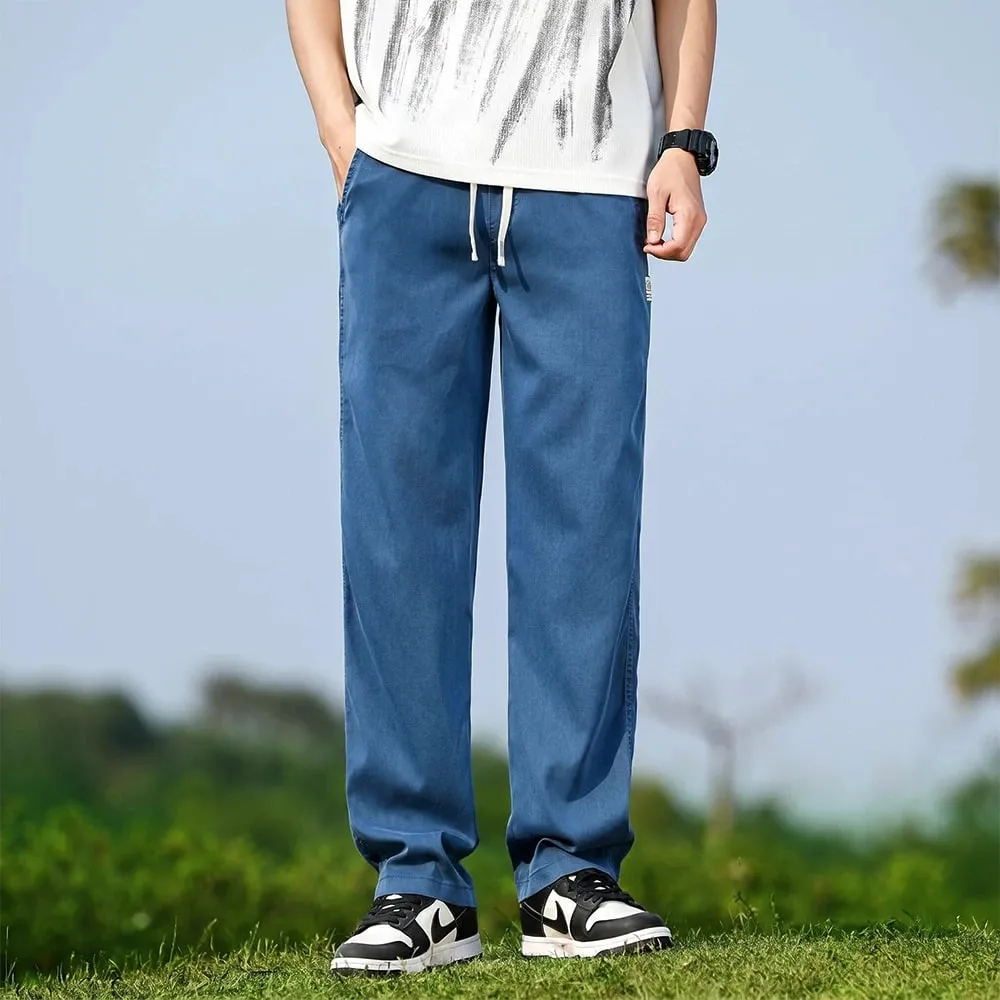 Jeans Kain Lyocell Lembut Musim Panas Pria Celana Denim Lurus Longgar Tipis Celana Panjang Kasual Pinggang Elastis Tali Serut Ukuran Besar M-5XL — image 11