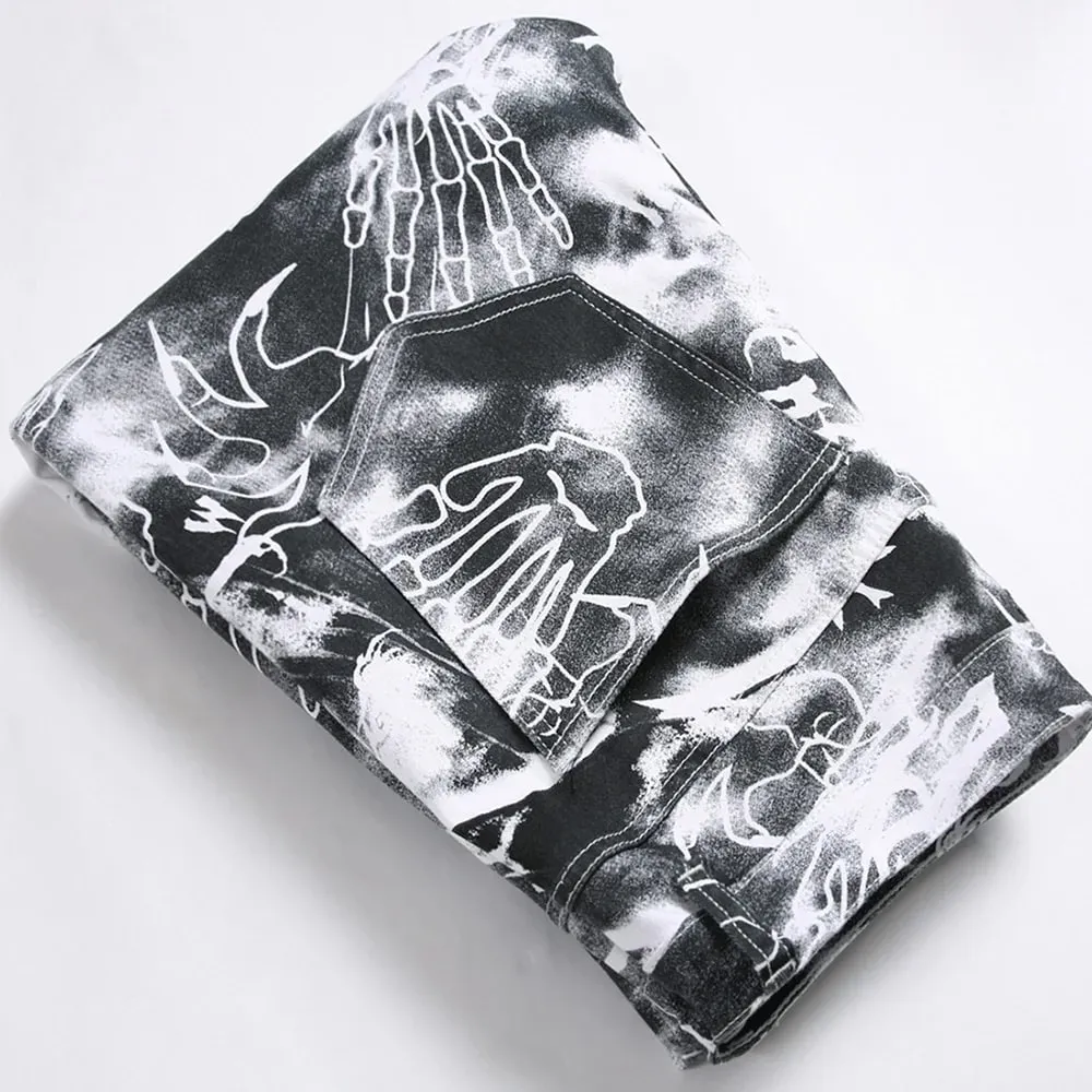 Men Skull Printed Jeans Fashion Devil Hand Pattern Denim Pants Black White Slim Straight Trousers — image 5