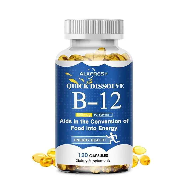 Vitamin-B12-Kapseln unterstützen zelluläre Anämie, Energieproduktion, bekämpfen Müdigkeit, psychische Gesundheit, Stimmungsstabilität und bewahren die Nerven