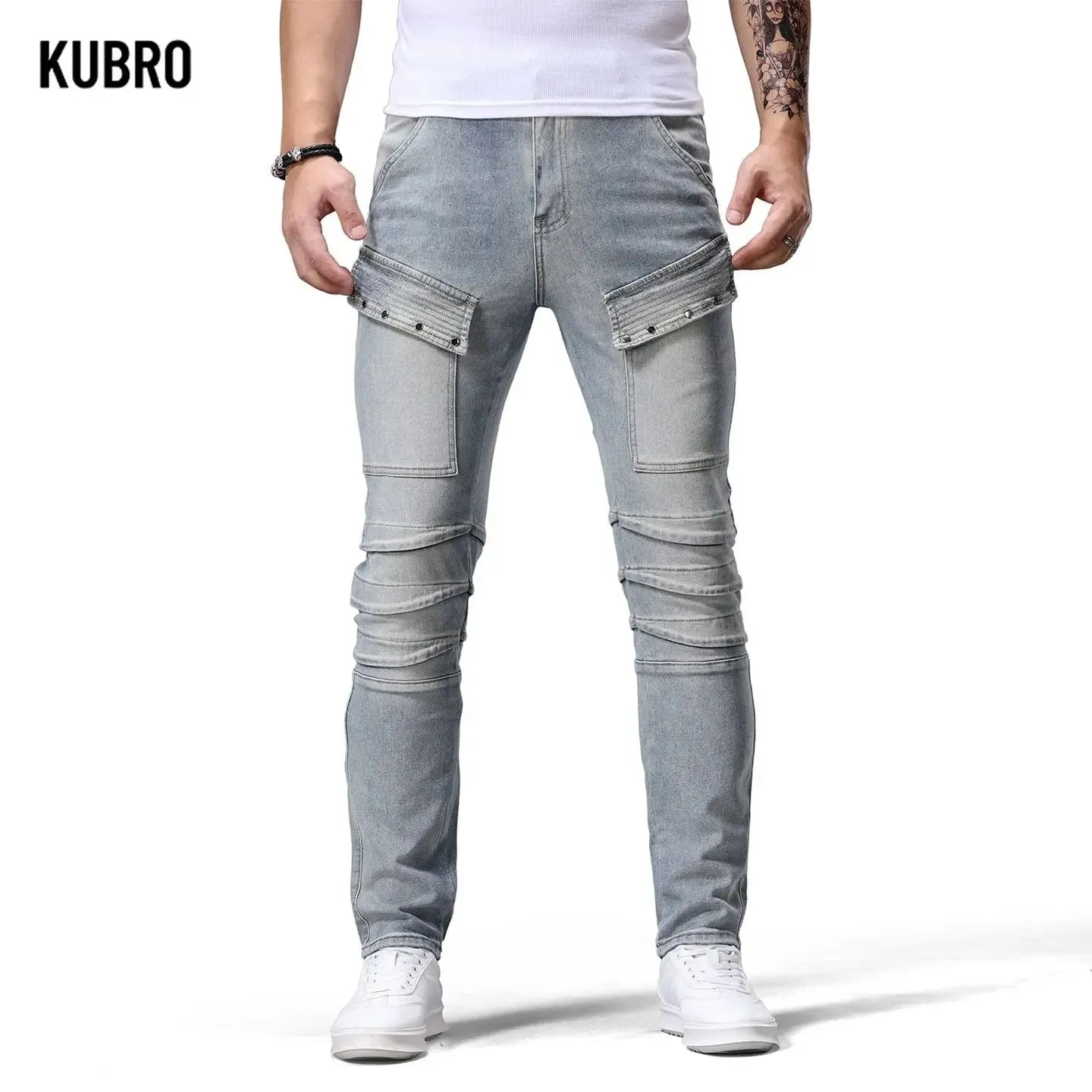 Jeans denim da moto retrò Patchwork di tendenza da uomo Pantaloni lunghi slim fit belli Pantaloni jeans a gamba dritta da bordo moda — image 4