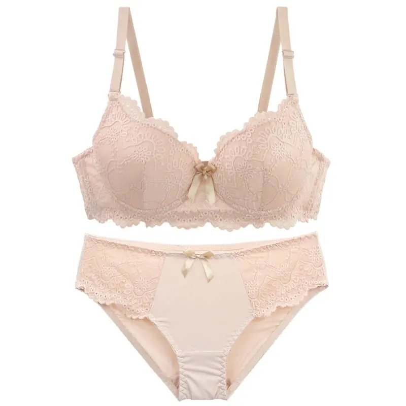 Set Bra Minimizer Renda DainaFang 3/4 Cawan Tekan Ke Atas Lingerie Sokongan Sisi Tali Boleh Tanggal 3 Cangkuk Seluar Dalam Wanita