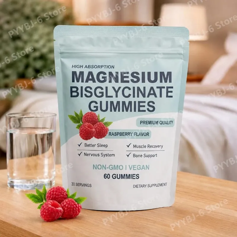 Caramelle gommose bisglicinate di magnesio ad alto assorbimento sapore di lampone vegano 60 conteggi supporto per la salute delle ossa muscolari non OGM senza glutine — image 2