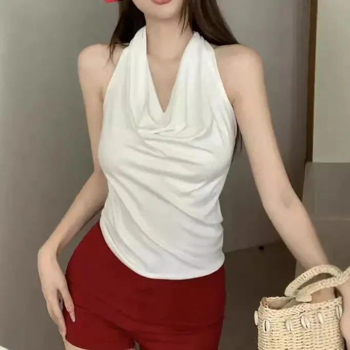 1pcs Girls Knit Sleeveless Halter Tops for Women Basics Solid Slim Fitted Womens Sports Vest Backless Strapless Tank Tops — image 4