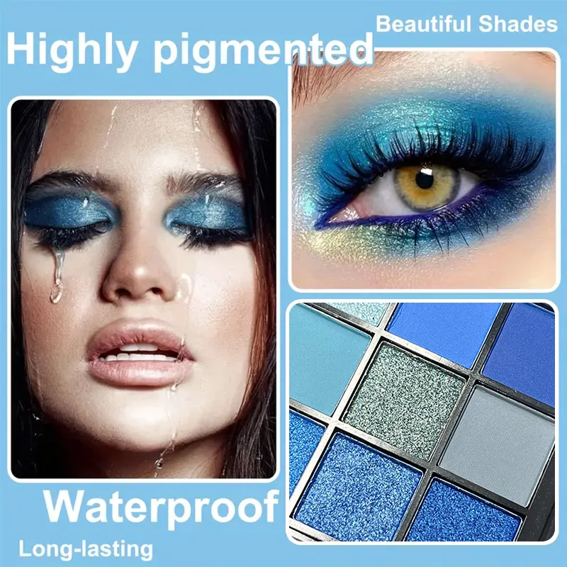 Luxueuse palette de fards à paupières bleus de 9 couleurs, effet velours mat et scintillant, maquillage durable, imperméable et durable pour les yeux fumés — image 2