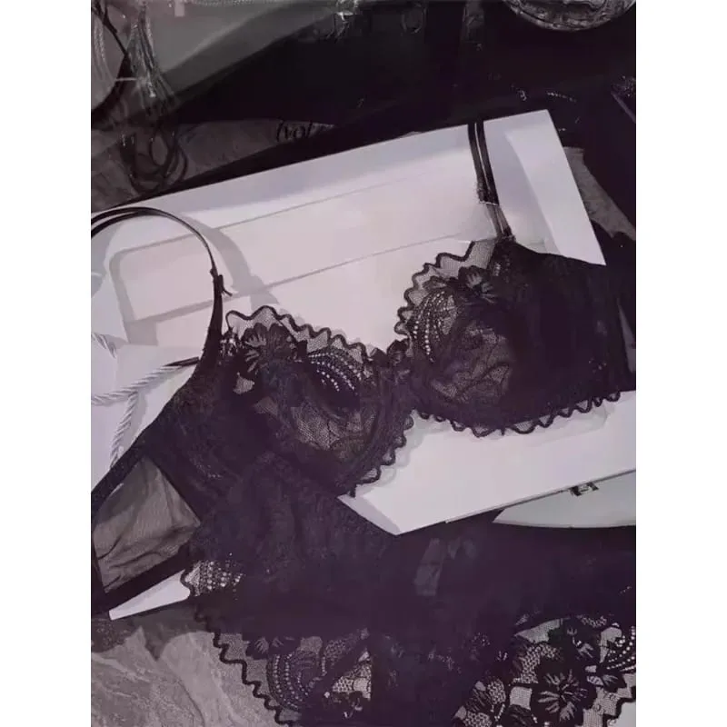 Schickes französisches, ultradünnes Spitzen-Dessous-Set für große Brüste, durchsichtiger Bügel-BH, kleiner Brustlift, elegantes, weiches, feminines Set S-XL — image 3